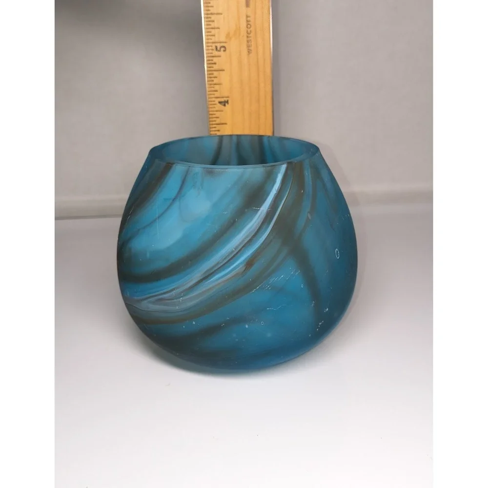 Blown Glass Candle Holder Or Vase Blue W Black Swirls Handmade‎ Home Decor